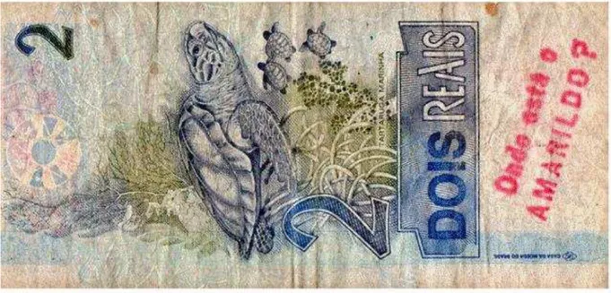 Figura 3. Intervenção feita em papel moeda corrente/ Rio de Janeiro, 2º semestre de 2013.