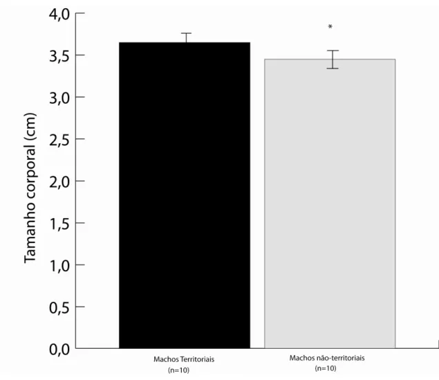 Figura  3.  Comparação  entre  tamanho  corporal  (cm,  média  ±  DP)  de  machos  territoriais e não territoriais de Argia reclusa