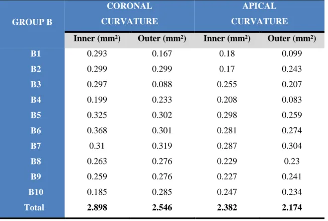 Table 2 – Group B – iRace /iRace Plus. Measurements of inner and outer coronal and  apical curvatures