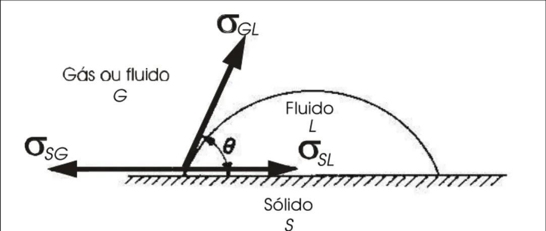 Figura 3.1 - Tensões Interfaciais entre uma Superfície Sólida, uma Fase Fluida Molhante, L e uma Fase  Fluida ou de Gás Não Molhante, G (Bear, 1972) 