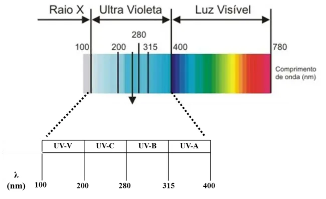 Figura  1-6-  Espectro  eletromagnético  (Comprimento  de  onda  de  100  –   780  nm),  destaque  para  a  região do UV