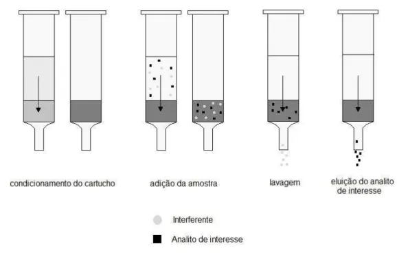 Figura 1-7- Esquema das etapas empregadas na extração em fase sólida. 