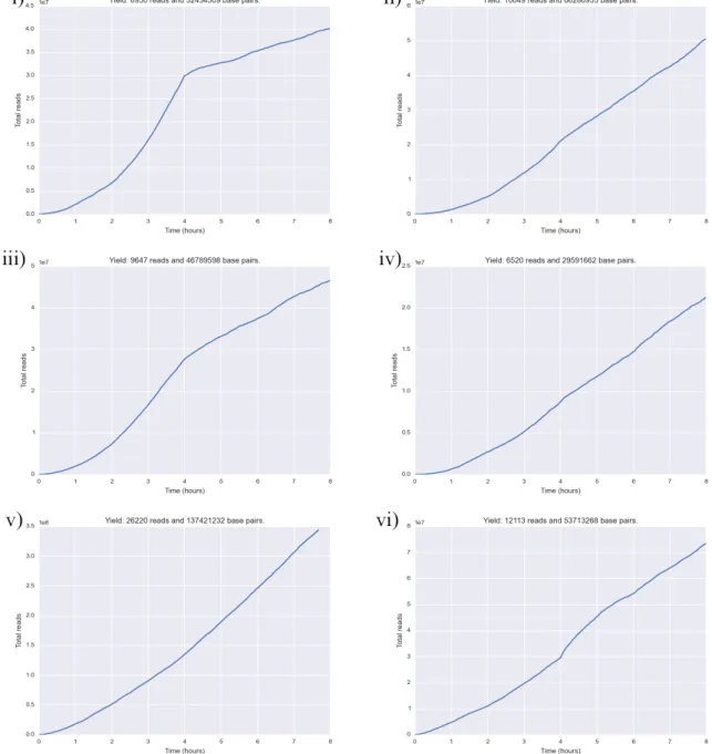 Figure 7: Read yield during the second sequencing round. i) LMECYA7, ii) LMECYA167, iii) LMECYA269, iv) LMECYA280, v) LEGE06226 and vi) LEGE06233.