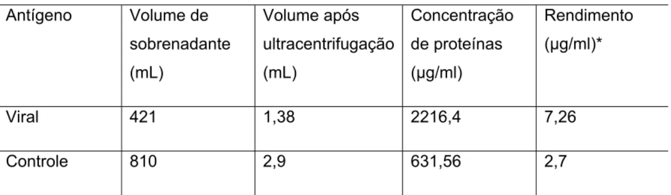 Tabela 1- Concentração de proteínas e rendimento dos antígenos viral e controle. 