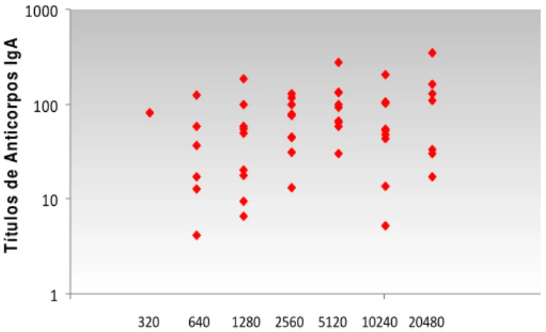 Figura 7: Correlação entre títulos de anticorpos IgA e título neutralizante das amostras  de soro