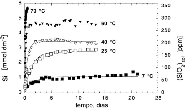 Figura 13 – Concentração de Si no meio, água deionizada, em função do tempo (LAARZ, ZHMUD,  BERGSTRÖN, 2000)