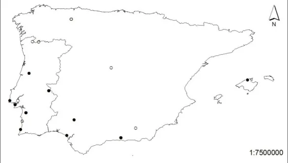 Figure 1 Representation of sample collection sites. Hot populations are represented as closed circles,  and Cold populations as open circles