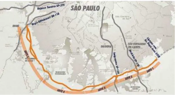 Figura 3  -Trecho Sul do Rodoanel em obras, dividido em 5 lotes, passando pelas rodovias Anchieta e  Imigrantes (Retirado de DERSA, s/d).