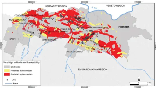 Figure 6. Overlapping of very high to moderate liquefaction susceptibility zones classi ﬁ ed by WofE and LR CSE susceptibility models.