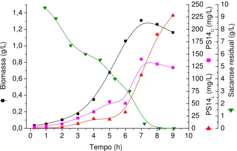 Figura 14 - Produção de biomassa, PS14 L, PS14 C, e sacarose residual em cultivo descontínuo em reator com meio CS10