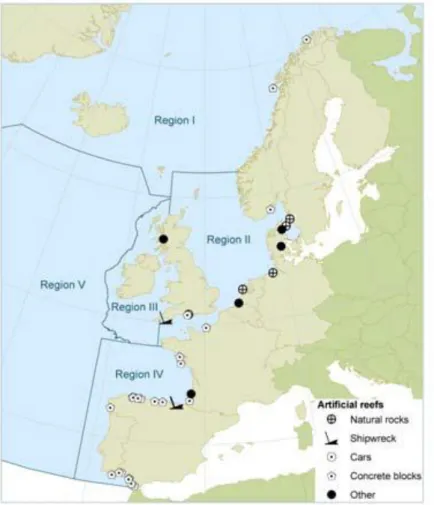Figure 1 Location of artificial reefs in the OSPAR area (OSPAR Commission, 2009)                                                        
