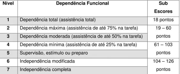 Figura 12 - Níveis de Independência Funcional, com suas pontuações (RIBERTO et  al., 2004) 