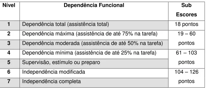 Figura 4 - Níveis de Independência Funcional, com suas pontuações (RIBERTO et  al., 2004) 