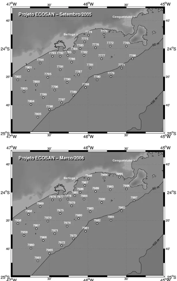 Figura 2: Mapa da região de estudo com as estações amostradas na plataforma  continental ao largo de Santos, nas duas campanhas de coleta