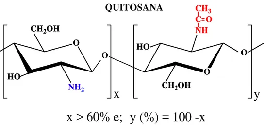 Figura 3  – Representação da estrutura primária idealizada de quitosana, onde “x” e “y” 