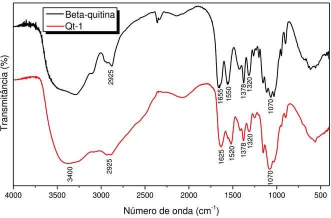 Figura 17 – Espectros na região do infravermelho de beta-quitina e de quitosana (Qs-1)