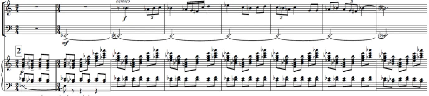 Figura 6 - Linha da trompa em fá, fagote e piano, compassos 13-20 