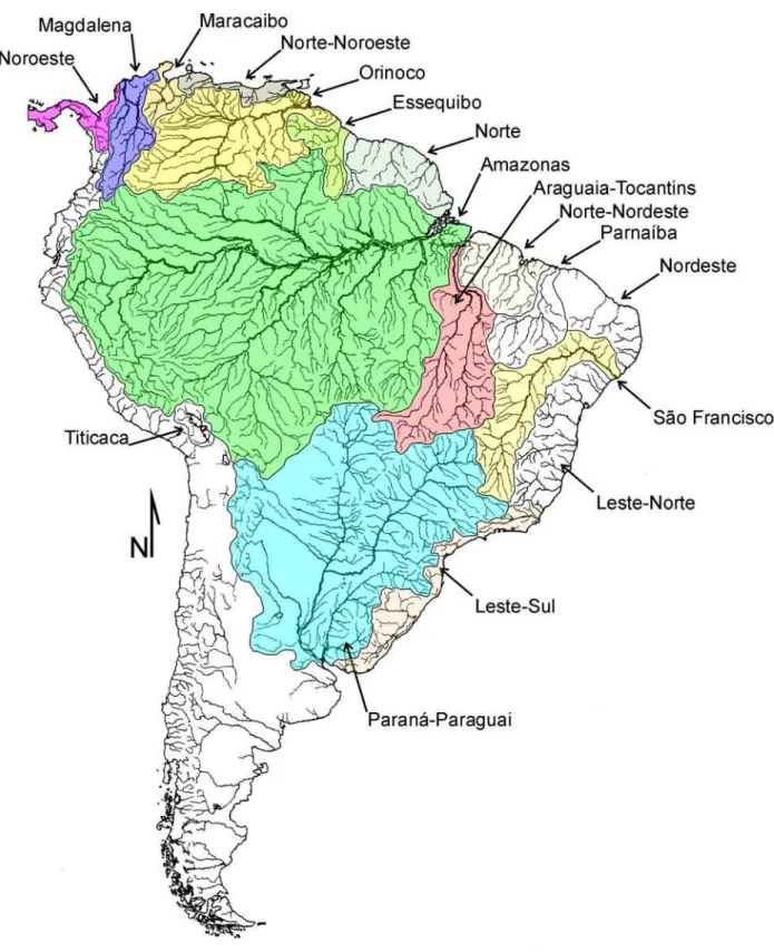 Figura 18 - Mapa das principais bacias de drenagens da América do Sul (adaptado de Lundberg et al., 1998) 