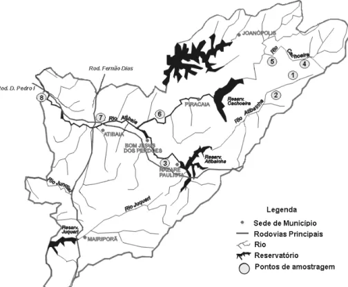 Figura  1  –  Mapa  da  área  de  estudo,  sub-bacia  da  região  de  cabeceira  do  rio  Atibaia  (SP),  com  a  localização dos pontos de amostragem (modificado de SMA, 1998)