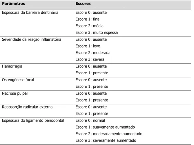 Tabela 2  –   Parâmetros e escores empregados para avaliação microscópica no tecido pulpar,  no local da exposição e nos tecidos apicais e periapicais
