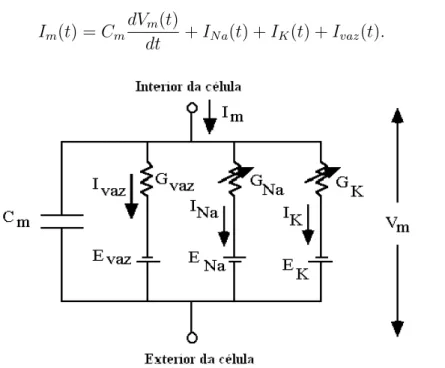 Figura 2.3: Circuito Elétrico Equivalente à Membrana para o Modelo de Hodgkin- Hodgkin-Huxley.