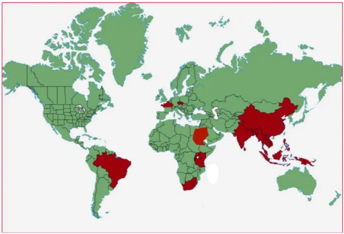 Figura 1. Países com altas taxas de incidência e de óbitos por câncer de cabeça e pescoço (SAMAN,  2009)