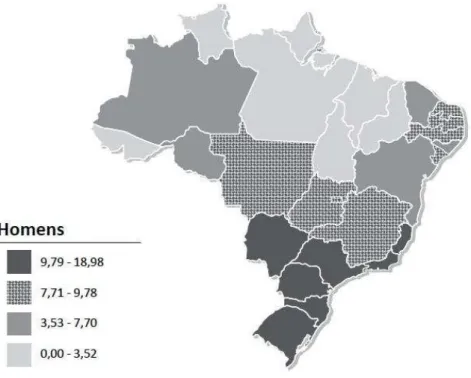 Figura 2. Representação espacial das taxas brutas de incidência nos estados brasileiros por 100.000  mil homens, estimadas para o ano de 2012, segundo Unidade da Federação (neoplasia maligna da  cavidade oral).