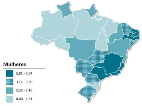 Figura 3. Representação espacial das taxas brutas de incidência nos estados brasileiros por 100.00  mil mulheres, estimadas para o ano de 2012, segundo Unidade da Federação (neoplasia maligna da  cavidade oral) 
