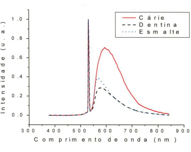 Figura 10 - Espectros de fluorescência para excitação com 532nm. O primeiro pico (esquerda) é o pico elástico cuja energia corresponde ao comprimento de onda de