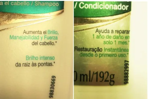 Figura 4. Exemplo de Incoerência: Embalagem de produtos Pantene, com descrição diferente do produto em português e  espanhol  (foto do autor, maio de 2011) 