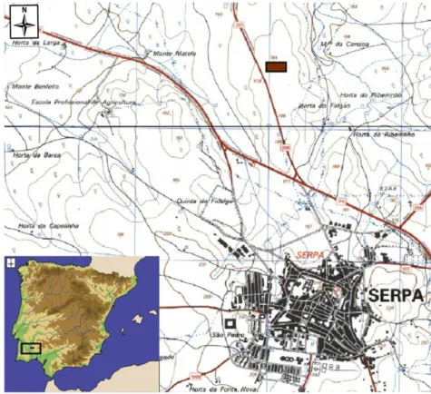 Fig.  1.—  Localização  do  sítio  arqueológico  Alto  de  Brinches  3  na  Península  Ibérica  e  num  excerto  da  Carta  Militar  de  Portugal,  folhas 522 e 532, escala 1:25 000