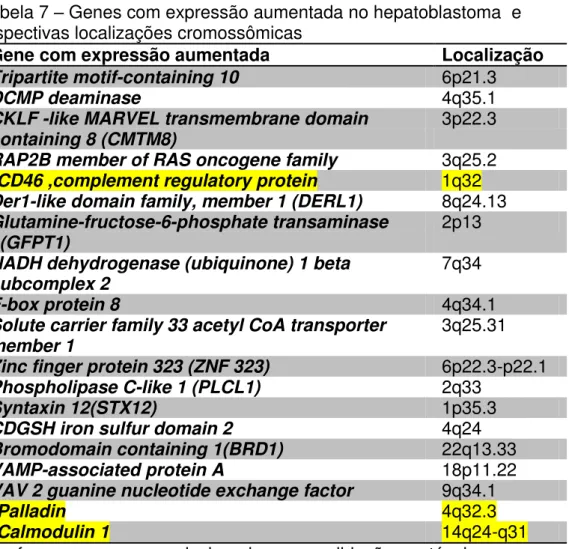 Tabela 7  –  Genes com expressão aumentada no hepatoblastoma  e  respectivas localizações cromossômicas  