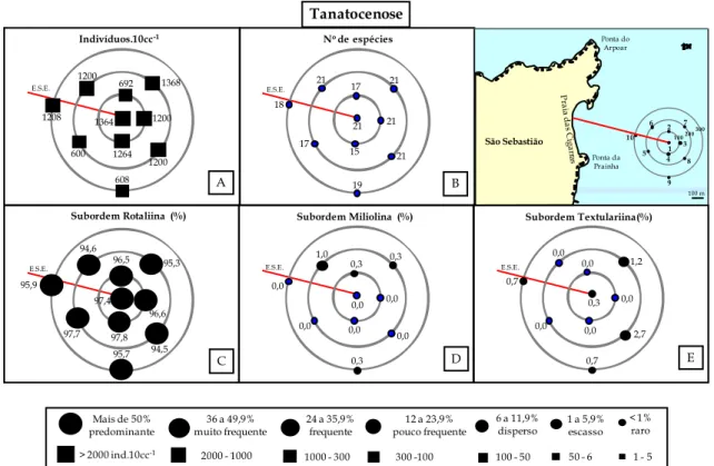 Figura  16:  A:  densidade,  B:  riqueza.  C,  D  e  E:  frequência  relativa  das  subordens  da  tanatocenose em 2006