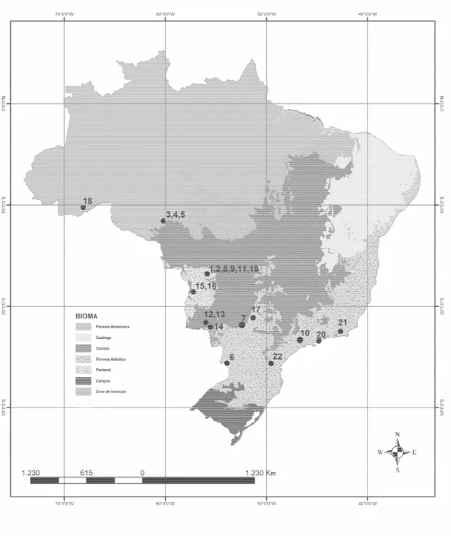 Figura 1 – Mapa mostrando as áreas geográficas no Brasil em que as amostras dos 22 felídeos de vida livre  foram colhidas