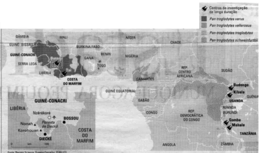 Figura 1. Mapa de distribuição  dos chimpanzés e dos locais onde se desenvolvem vários  estudos