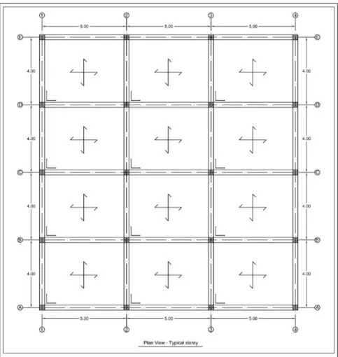 Figure 4.1 Plan view showing Axis, columns and beams of the building with the dimensions