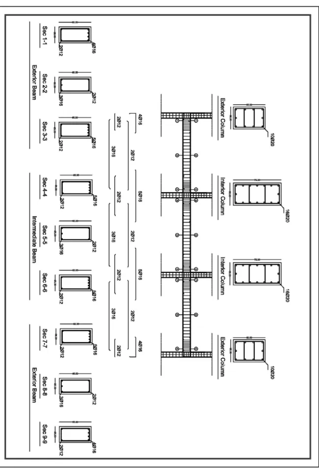 Figure 5.3 Deailed layout design of columns and beams of RC frame  for DC M in seismic zone 1.1 