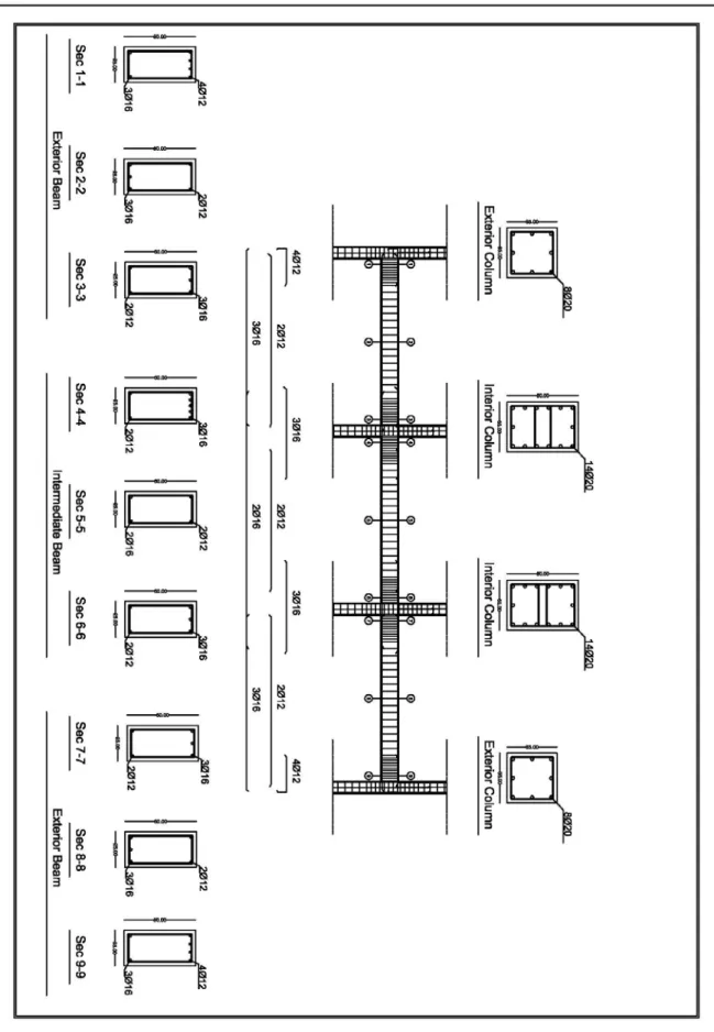 Figure 5.4 Deailed layout design of columns and beams of RC frame  for DC H in seismic zone 1.1 