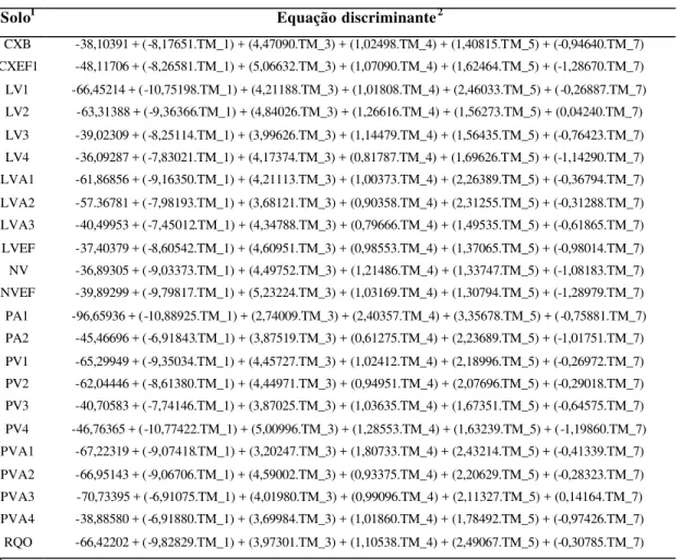 Tabela 4. Equações  lineares discriminantes em função da reflectância dos dados TM-Landsat -5, para as  23 unidades de mapeamento da área de estudo