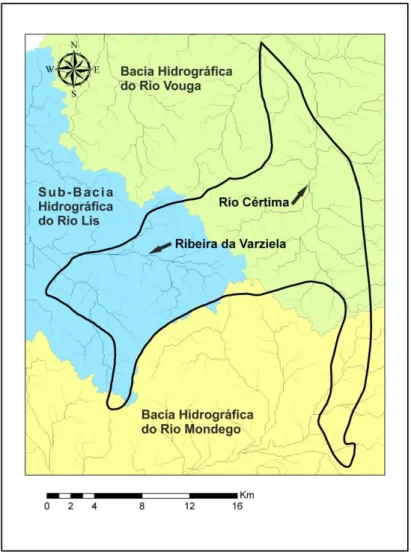 Figura 3.8 – Bacias hidrográficas e suas respectivas redes de drenagem na área do Sistema Aquífero Cársico da Bairrada