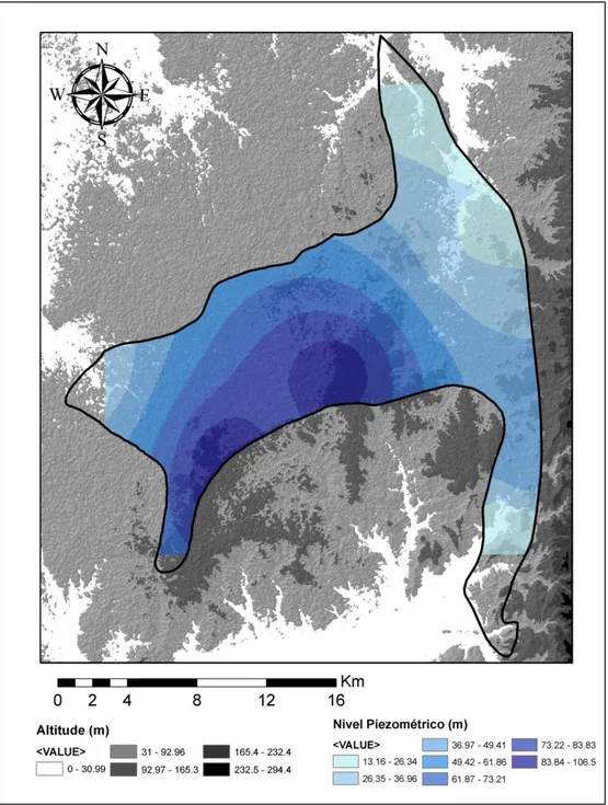 Figura 5.2  -  Visualização do nível piezométrico em conjunto com  a topografia da região  do Sistema  Aquífero Cársico da  Bairrada