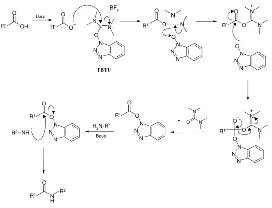 Figura  2.3  -  Mecanismo  reaccional  geral  do  reagente  de  acoplamento  TBTU  com  um  aminoácido, na presença de base