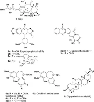 Figura 14 – Estruturas de Paclitaxel 1 e outros agentes antitumorais usados em  conjugados 3-5 (38) 