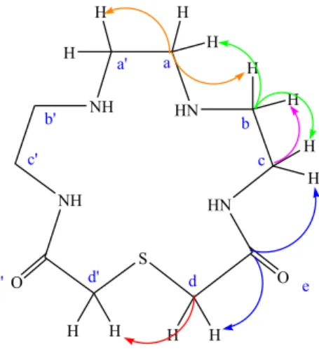 Figura 6 – Estrutura química do ligando dioxo[15]N 4 S. As setas representam as  correlações heteronucleares  3 J C-H  e  2 J C-H , verificadas no espectro de HMBC