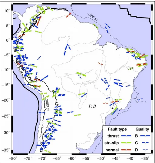 Figura 8 - Mapa com a distribuição da direção do SHmax, intraplaca, para a Placa Sul-Americana  (modificado de Assumpção et al., 2011) 