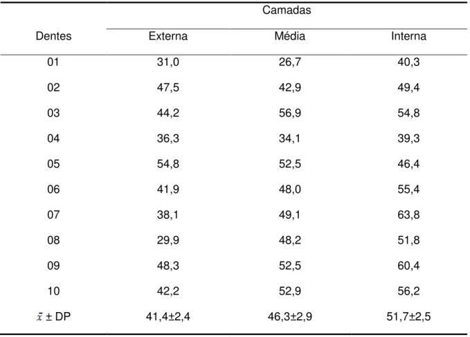 Tabela 4  -  Valores médios da dureza Knoop conforme a camada da furca dental. 
