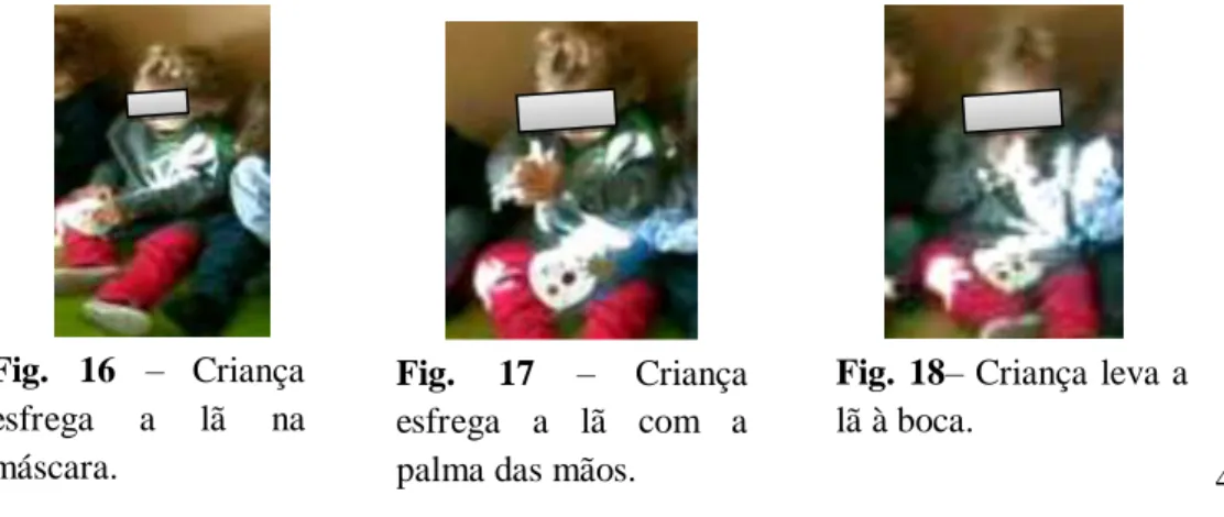 Fig.  16  –  Criança  esfrega  a  lã  na  máscara.  Fig.  15  –  Criança esfrega  a  lã  na máscara