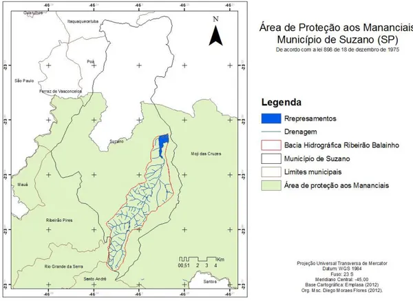 Figura 1. Área de Proteção aos Mananciais e área da bacia do Ribeirão Balainho justaposta em área de Proteção  aos mananciais - RMSP