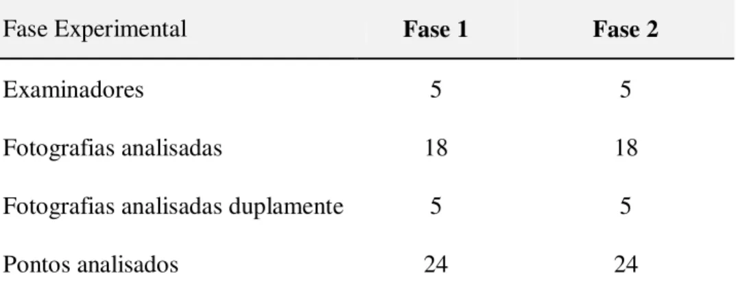 Tabela 1. Resumo do estudo experimental de acordo com a fase de análise e com suas características