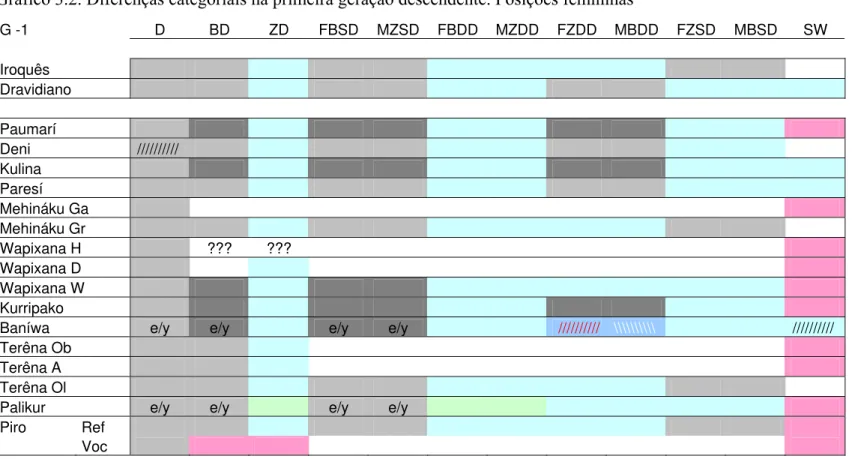 Gráfico 3.2. Diferenças categoriais na primeira geração descendente. Posições femininas  G  -1  D  BD  ZD  FBSD MZSD FBDD MZDD FZDD MBDD FZSD MBSD SW  Iroquês                                         Dravidiano                                       Paumarí 